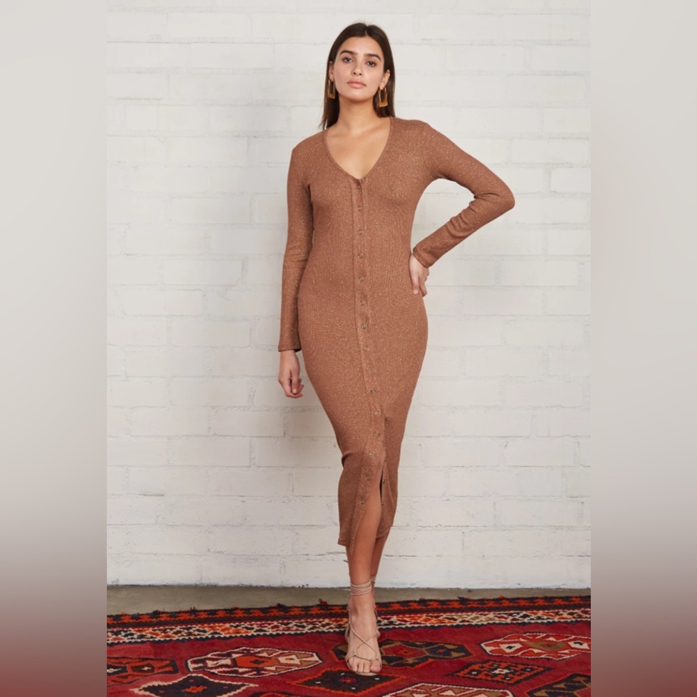 $225 RACHEL PALLY Metallic Rib Sweater Midi Dress Long Sleeve Medium Gold
